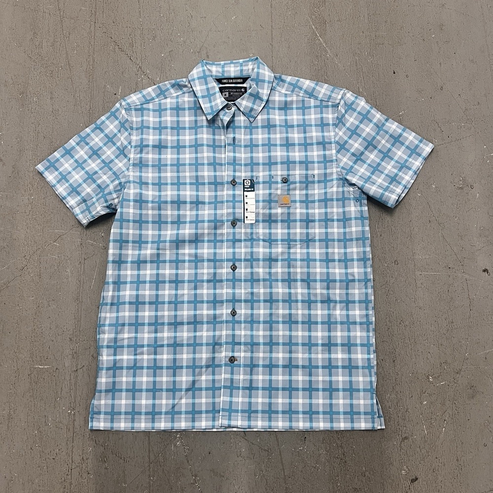 Carhartt Men's Force Relaxed‎ Fit Short Sleeve Plaid Button Shirt Blue Medium